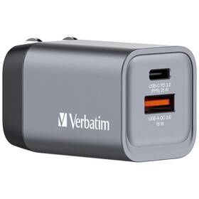 Nabíjačka do siete Verbatim GNC-35 GaN 35W, 1x USB-C PD 35W, 1x USB-A QC 3.0 (32200) strieborná