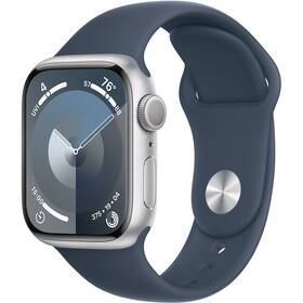 Inteligentné hodinky Apple Watch Series 9 GPS 41mm pouzdro ze stříbrného hliníku - bouřkově modrý sportovní řemínek - S/M (MR903QC/A)