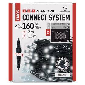 Spojovacia reťaz EMOS 160 LED Standard - sieť, 1,5x2 m, vonkajšie, studená biela, časovač (D1DC01)