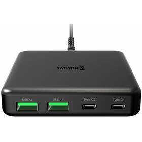 Nabíjačka do siete Swissten GaN 2x USB-C, 2x USB-A, 65 W, PD (22057100) čierna