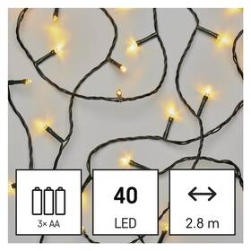 Vianočné osvetlenie EMOS 40 LED reťaz, 2,8 m, 3x AA, vonkajšia aj vnútorná, teplá biela, časovač (D4FW01)