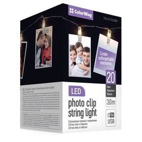 LED fotokolíčky ColorWay 20 kolíčkov, dĺžka 3m, USB, teplá biela (CW-LCP-20L30BU)
