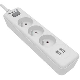 Kábel predlžovací Philips 3x zásuvka + 2x USB-A, s vypínačom, 2 m (SPN3032WA/60) biely