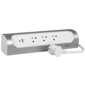 Kábel predlžovací Legrand 3x zásuvka, USB, 1m (L049406) biely/hliník