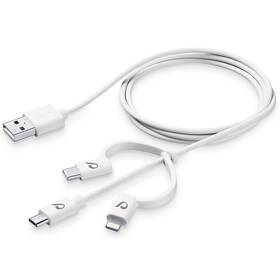 Kábel CellularLine USB/Lightning + Micro USB + USB-C, 1,2m (USBDATA3IN1MFITYCW) biely - zánovný - 24 mesiacov záruka