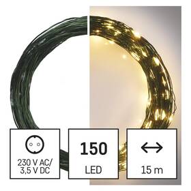 Vianočné osvetlenie EMOS 150 LED nano reťaz zelená, 15 m, vonkajšia aj vnútorná, teplá biela, časovač (D3AW05)