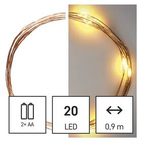 Vianočné osvetlenie EMOS 20 LED nano reťaz, 1,9 m, 2x AA, vnútorná, teplá biela, časovač (D3AW07)