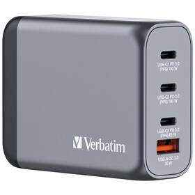 Nabíjačka do siete Verbatim GNC-100 GaN 100W, 3x USB-C PD 100/65W, 1x USB-A QC 3.0 (32202) strieborná