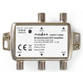 Zosilňovač Nedis CATV, Max. zosilnenie 12 dB, 85-1218 MHz, 4 výstupy, spätný kanál - 7,5 dB, 5-65 MHz, konektor F (SAMP41148ME)