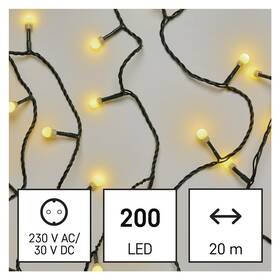 Vianočné osvetlenie EMOS 200 LED cherry reťaz - guličky, 20 m, vonkajšia aj vnútorná, teplá biela, časovač (D5AW03)