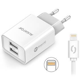 Nabíjačka do siete Aligator 2,4A, 2xUSB, smart IC, USB kábel pre Apple (CHA0045) biela