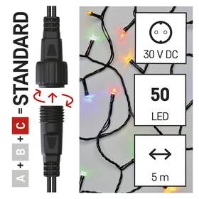Spojovacia reťaz EMOS 50 LED Standard, 5 m, vonkajšie aj vnútorné, multicolor, časovač (D1AM02)