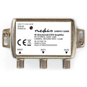 Zosilňovač Nedis CATV, Max. zosilnenie 9 dB, 85-1218 MHz, 2 výstupy, spätný kanál - 4,5 dB, 5-65 MHz, konektor F (SAMP41120ME)