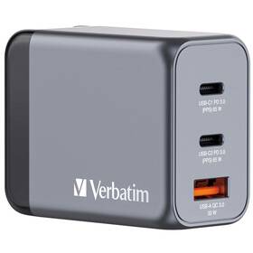 Nabíjačka do siete Verbatim GNC-65 GaN 65W, 2x USB-C PD 65W, 1x USB-A QC 3.0 (32201) strieborná