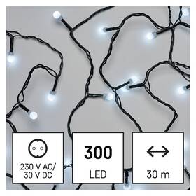Vianočné osvetlenie EMOS 300 LED cherry reťaz - guličky, 30 m, vonkajšia aj vnútorná, studená biela, časovač (D5AC04)