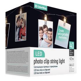 LED fotokolíčky ColorWay 40 kolíčkov, dĺžka 4,2m, 3x AA, teplá biela - rozbalený - 24 mesiacov záruka