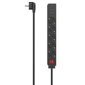 Kábel predlžovací Hama 5x zásuvka schuko, 2x USB-A, vypínač, 1,4m (223184) čierny