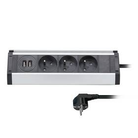 Kábel predlžovací Solight 3x zásuvka, 2x USB, rohový design, 1,5m (PP104USB) strieborný