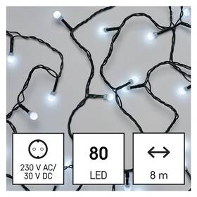 Vianočné osvetlenie EMOS 80 LED cherry reťaz - guličky, 8 m, vonkajšia aj vnútorná, studená biela, časovač (D5AC02)