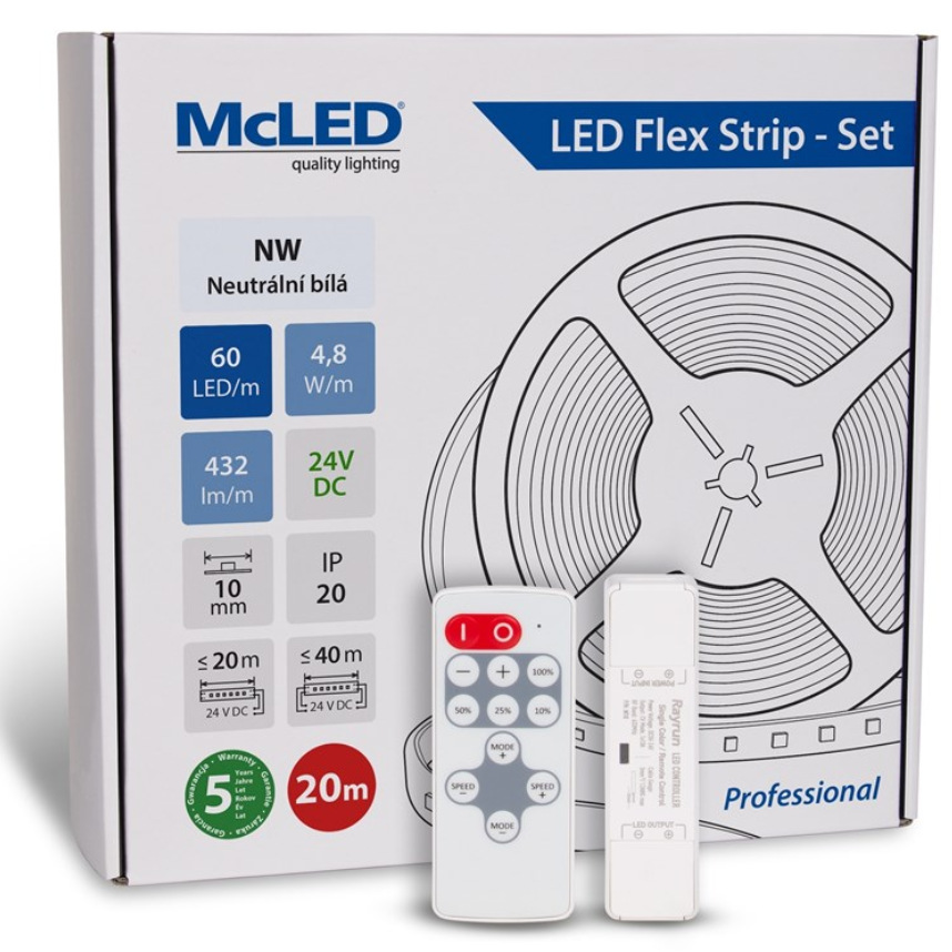 McLED s ovládaním Nano - sada 20 m - Professional, 60 LED/m, NW, 432 lm/m, vodič 3 m (ML-126.872.60.S20002)