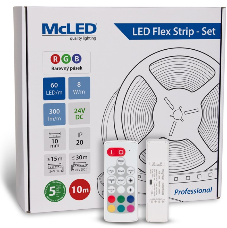 McLED s ovládaním Nano - sada 10 m - Professional, 60 LED/m, RGB, 300 lm/m, vodič 3 m (ML-128.005.90.S10004)