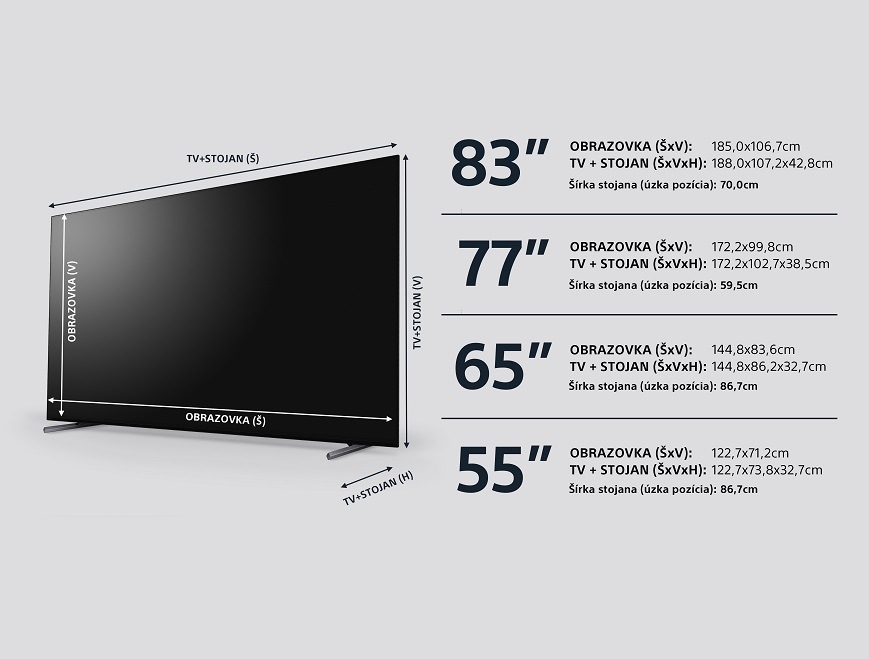 Rozmery televízorov Sony v modelovom rade A80L