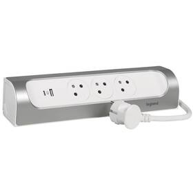 Kábel predlžovací Legrand 3x zásuvka, USB, 1m (L049406) biely/hliník