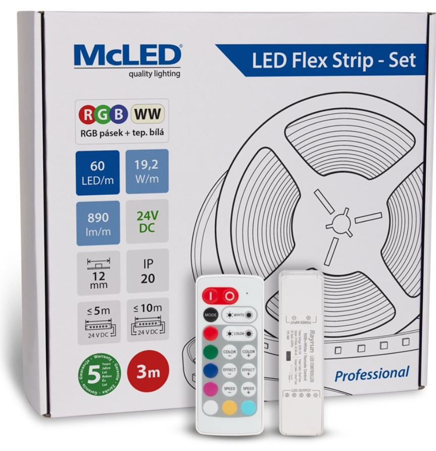 McLED s ovládaním Nano - sada 3 m - Professional, 60 LED/m, RGB+WW, 890 lm/m, vodič 3 m