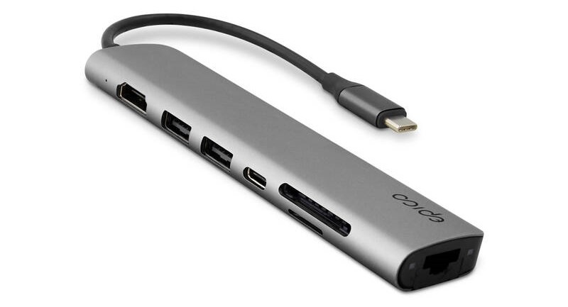 USB Hub Epico 7in1 Multimedia 8K USB-C/1x USB-C, 2x USB 2.0, HDMI, LAN, microSD, SD - šedý