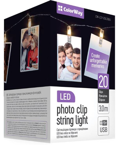 LED fotokolíčky ColorWay 20 kolíčkov, dĺžka 3m, USB, teplá biela