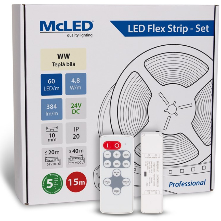 McLED s ovládaním Nano - sada 15 m - Professional, 60 LED/m, WW, 384 lm/m, vodič 3 m (ML-126.873.60.S15002)