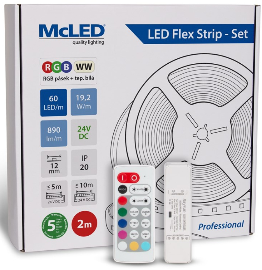 McLED s ovládaním Nano - sada 2 m - Professional, 60 LED/m, RGB+WW, 890 lm/m, vodič 3 m