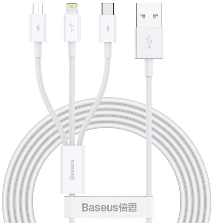 Kábel Baseus Superior 3v1 USB/microUSB+Lightning+USB-C, 3,5 A, 1,5 m - biely