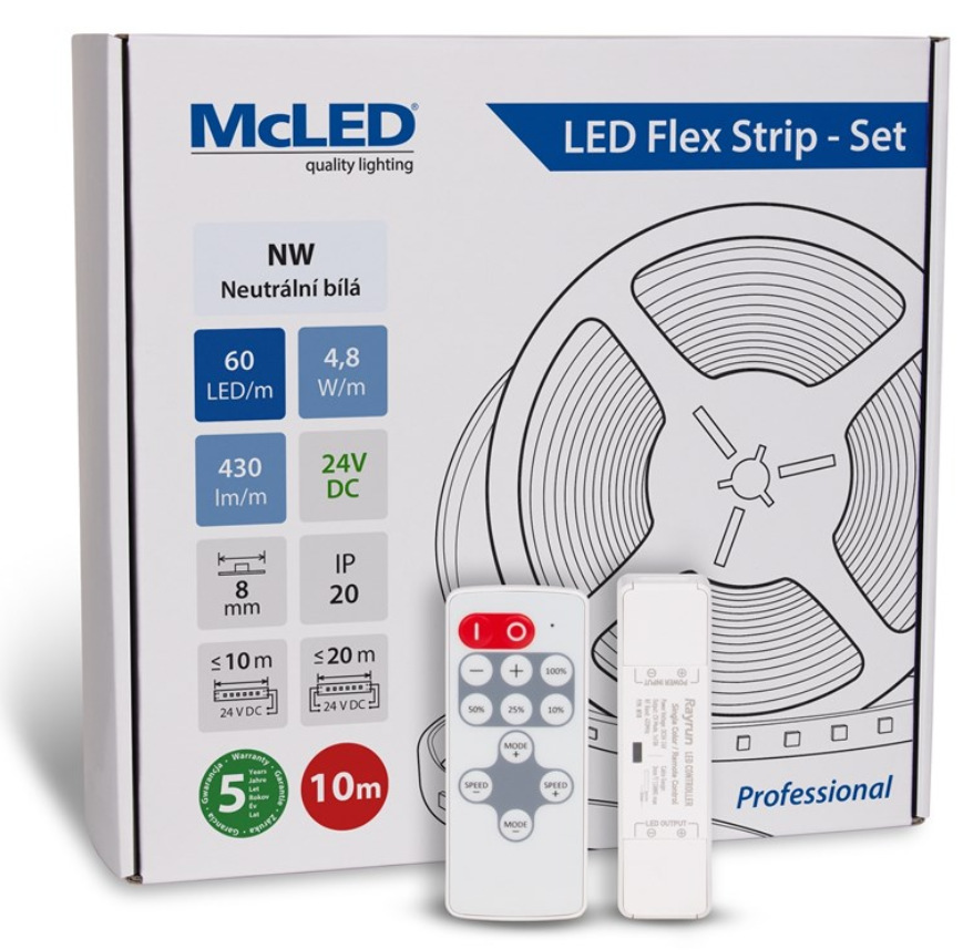 McLED s ovládaním Nano - sada 10 m - Professional, 60 LED/m, NW, 430 lm/m, vodič 3 m (ML-126.830.60.S10002)