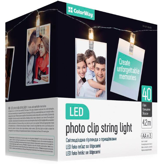 LED fotokolíčky ColorWay 40 kolíčkov, dĺžka 4,2m, 3x AA, teplá biela