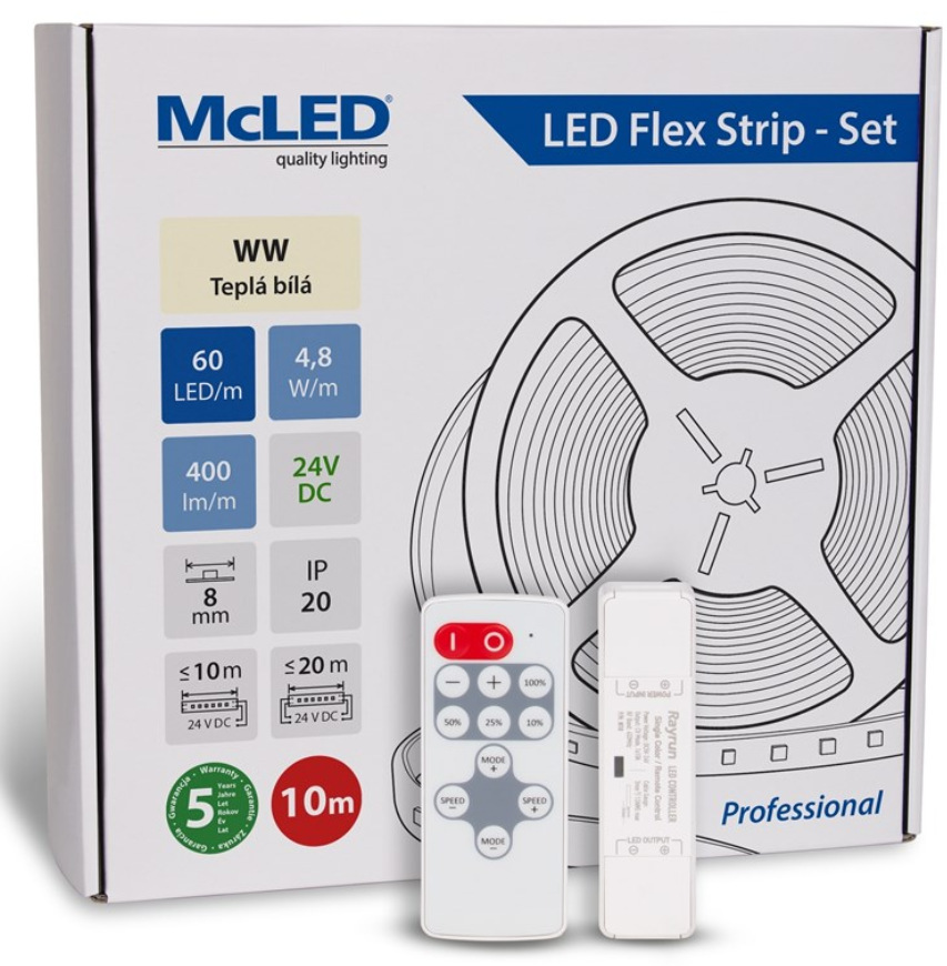 McLED s ovládaním Nano - sada 10 m - Professional, 60 LED/m, WW, 400 lm/m, vodič 3 m
