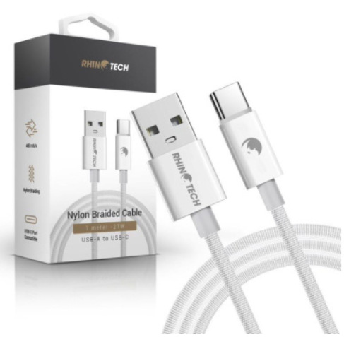 RhinoTech kábel s nylonovým opletom USB-A na USB-C 27W 1M biela