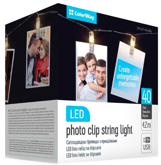 LED fotokolíčky ColorWay 40 kolíčkov, dĺžka 4,2m, USB, teplá biela
