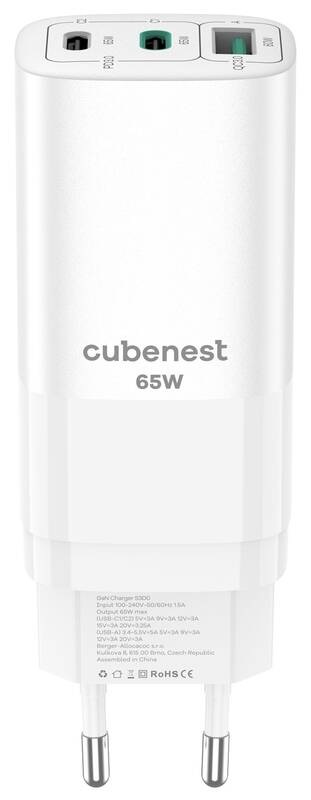 Nabíjačka do siete CubeNest S3D0 GaN, 1xUSB, 2xUSB-C PD, 65 W - biela