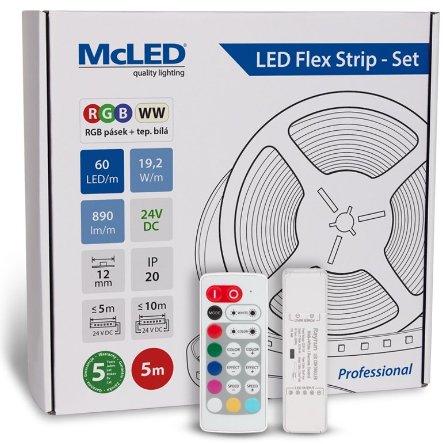 McLED s ovládaním Nano - sada 5 m - Professional, 60 LED/m, RGB+WW, 890 lm/m, vodič 3 m